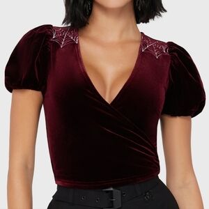 Killstar Burgundy Velvet Top with Spiderweb Detail